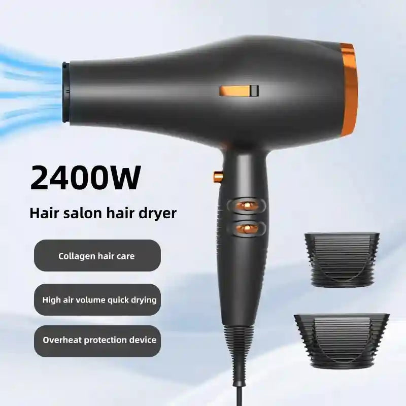2400W professional high-speed hair dryer in matte black and gold with two styling concentrator nozzle attachments.