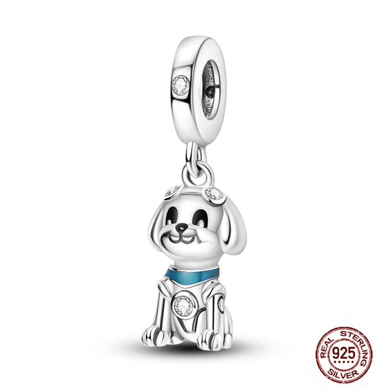 Cute 925 sterling silver dog charm pendant for DIY bracelets, features sparkly crystals and blue collar detail.