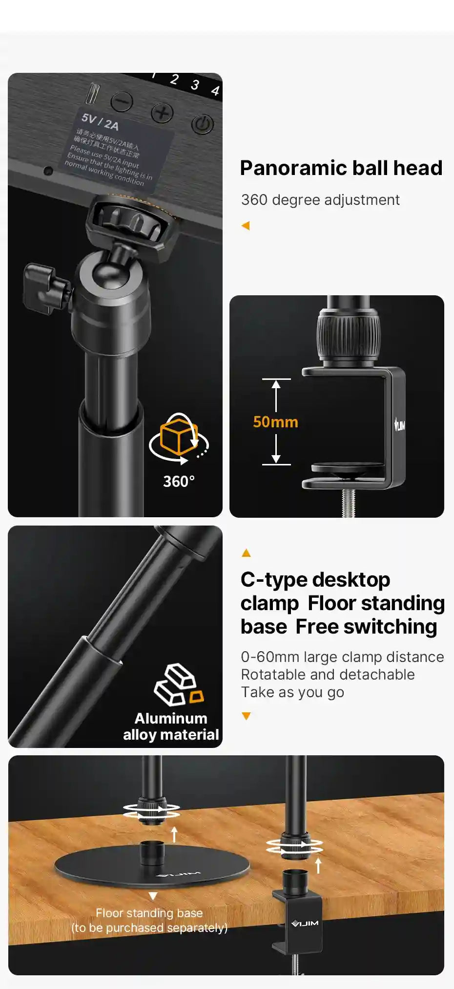 Black aluminum alloy stand with a 360-degree panoramic ball head, adjustable height, and a 60mm C-clamp desktop mount.