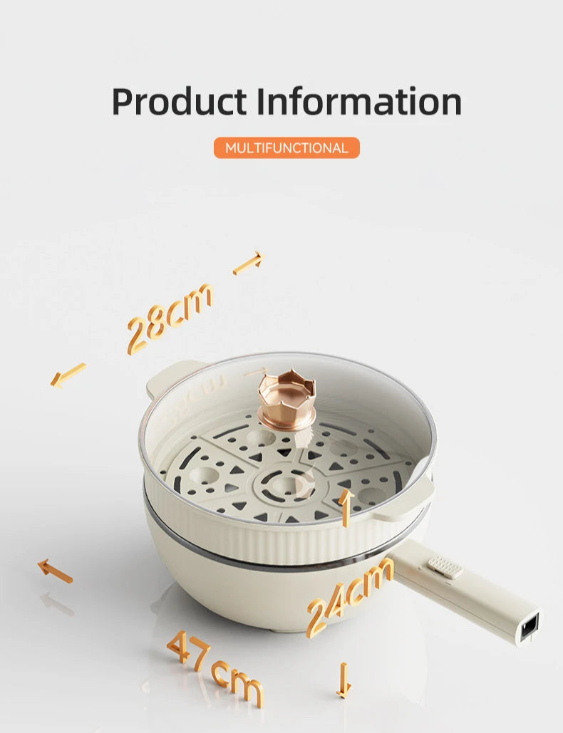 Electric frying pan with white base and removable lid, steam vent and handle