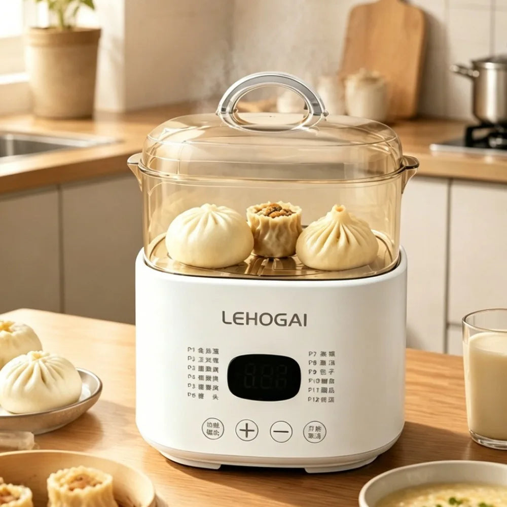 White egg steamer with see-through lid holding steamed buns or egg portions inside