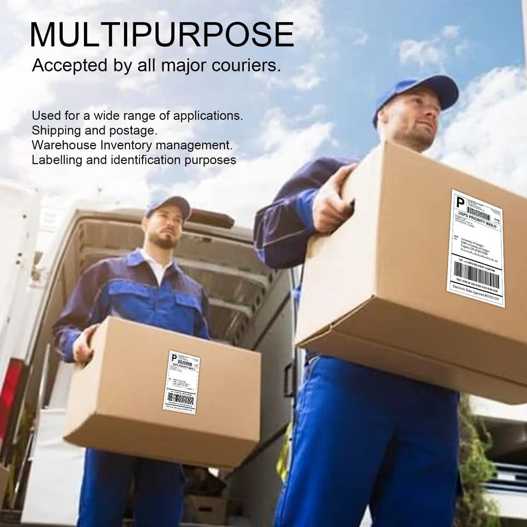 Thermal shipping labels on packages held by courier workers for delivery.