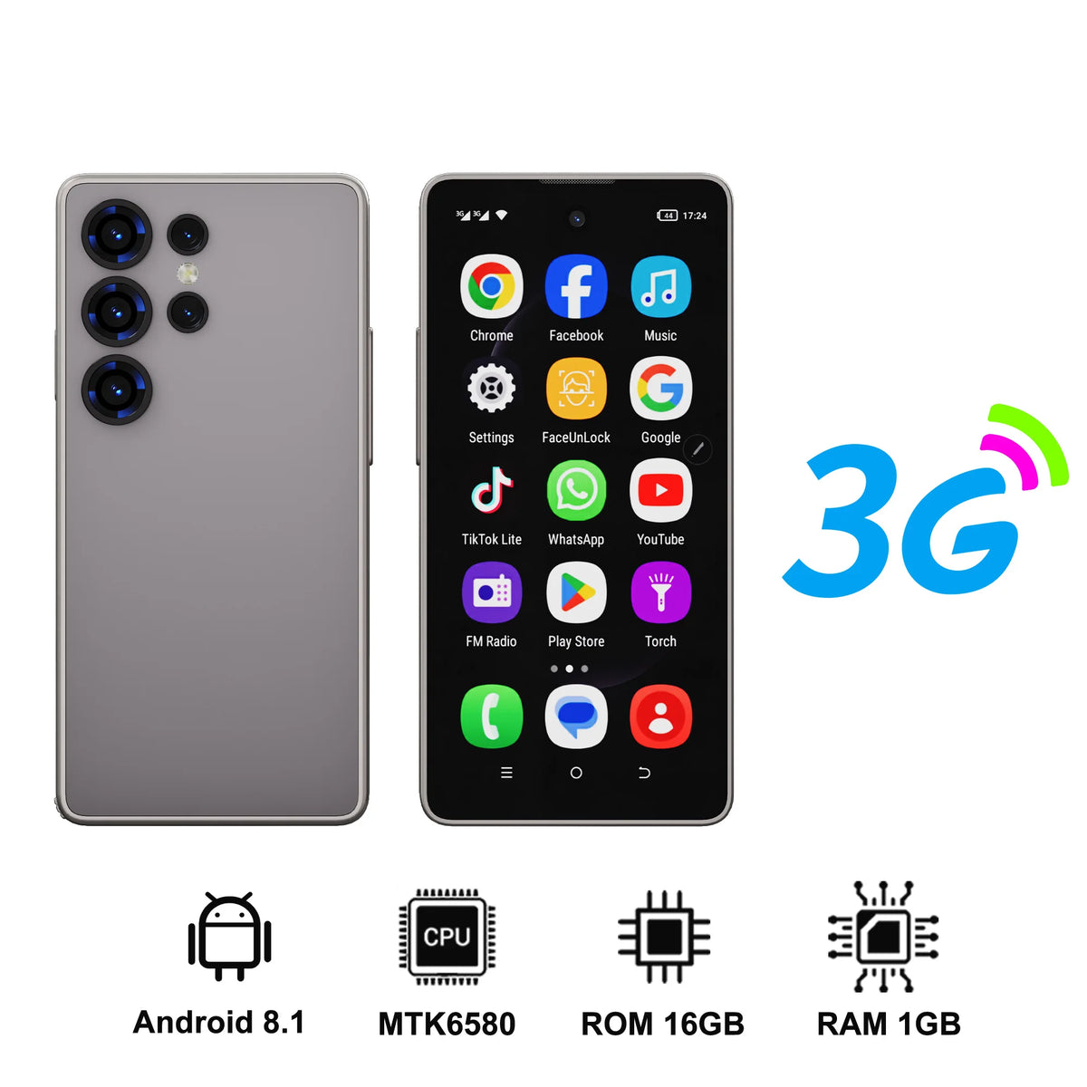 Light gray mini smartphone, front and back views, 3G and RAM 1GB icons displayed.