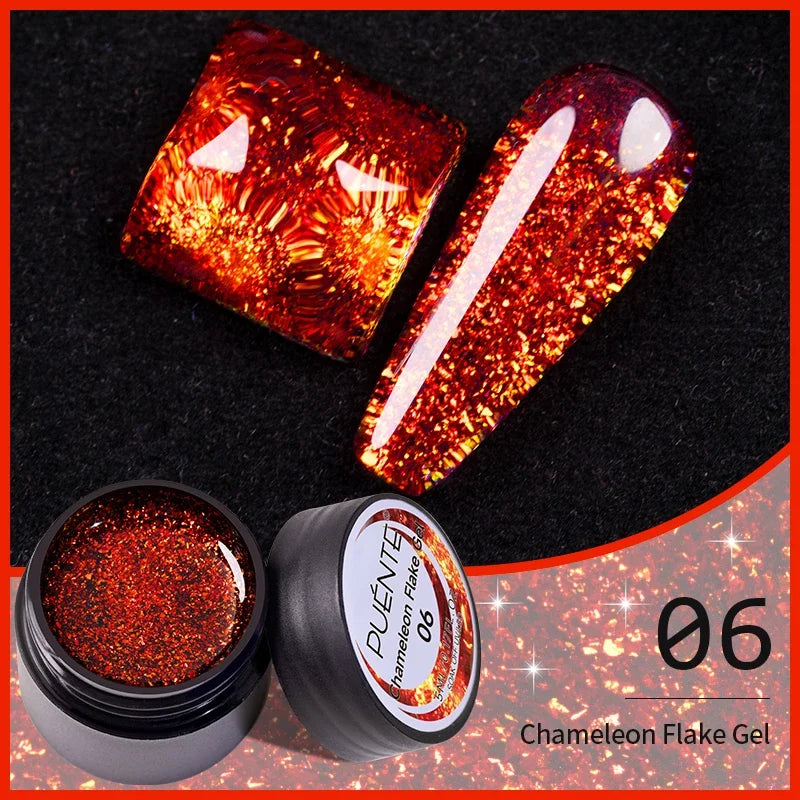 Chameleon flake nail gel in red-orange shimmer, shown in a small jar with two swatches on a black background.