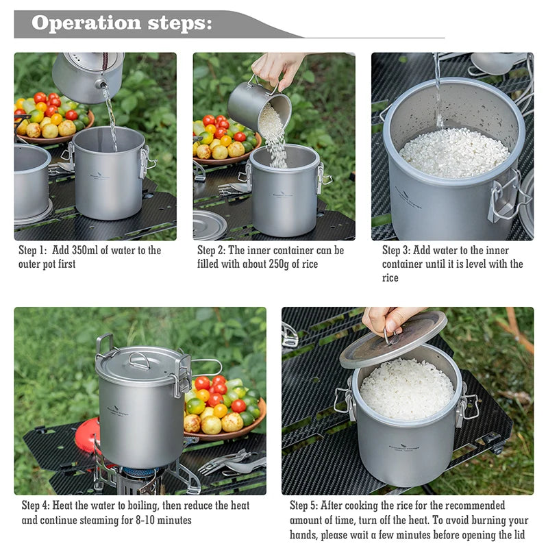 Titanium rice cooker pot with lid, shown pouring water into the inner pot