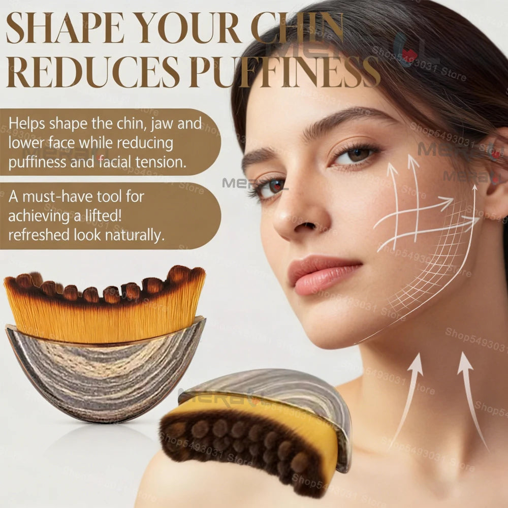 Curved facial massage brush with a brown wood-grain handle and dense, two-toned synthetic bristles for jaw sculpting.