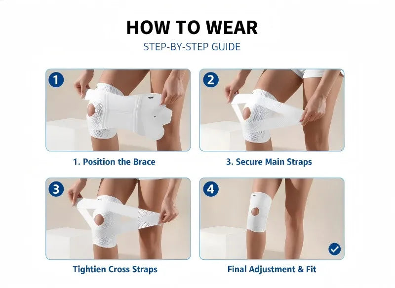 VBOSI Adjustable Breathable Knee Brace with Open Patella Compression Strap Sports Support for Running Gym Knee Pain Relief White