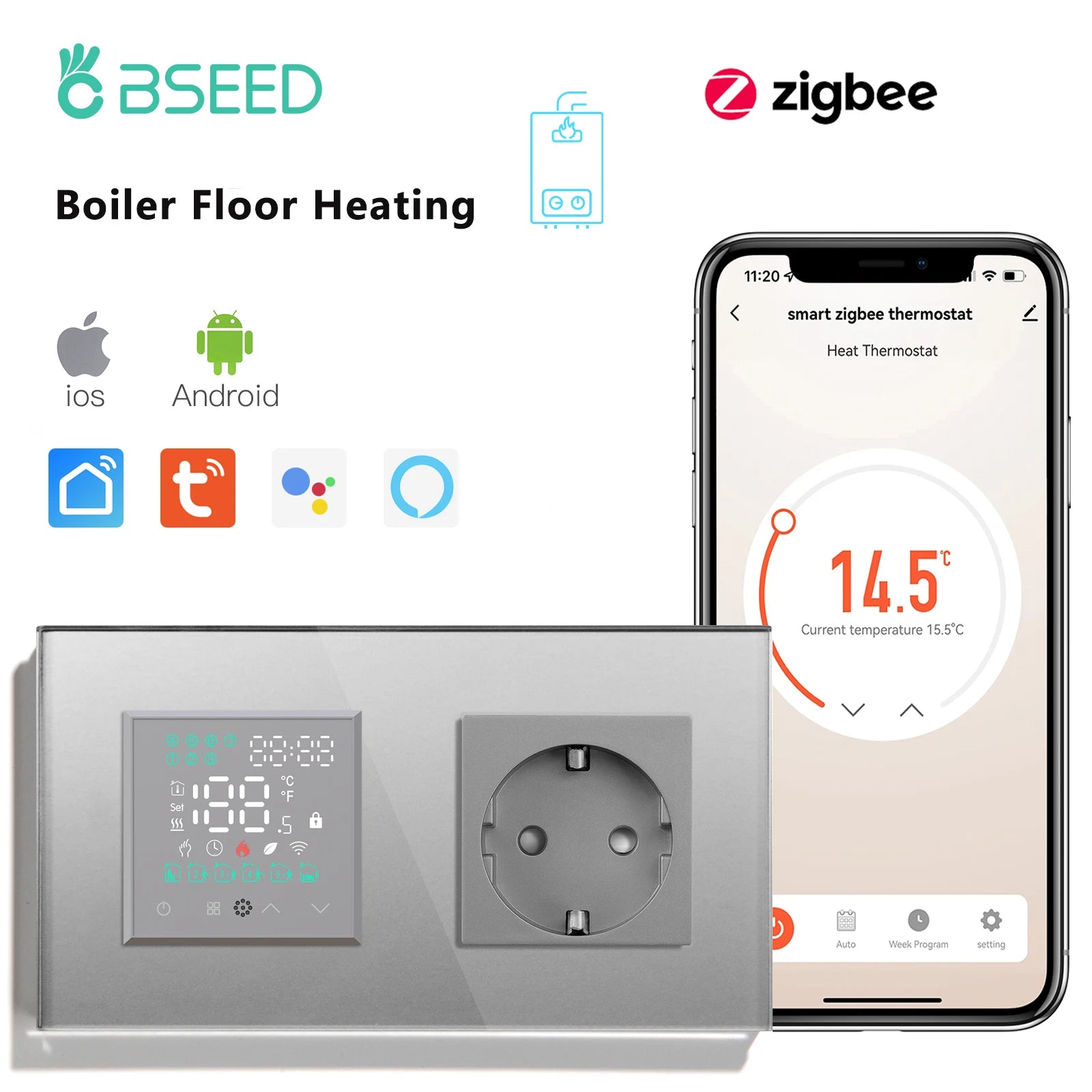 Smart ZigBee Floor Heating Thermostat | WiFi App Controlled HVAC Boiler Boiler Grey ZigBee Thermostat Tidesmit