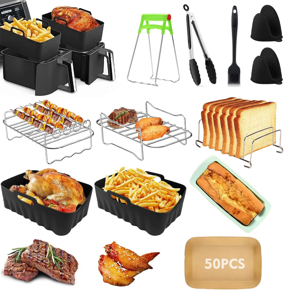 Air fryer accessories set with black baking trays, grill rack, silicone mold, brush and gloves