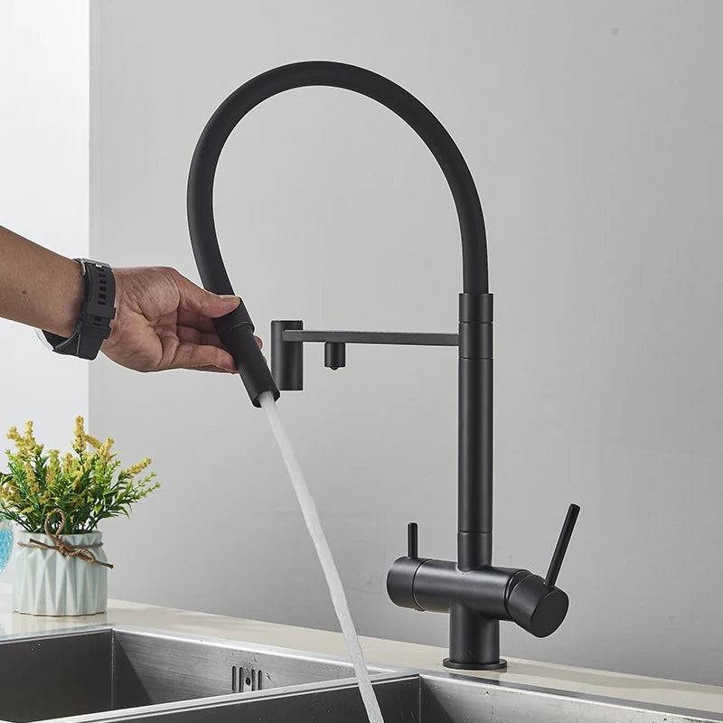 Filtered Kitchen Faucets Dual Spout Filter Faucet Mixer Pull Out Spray 360 Rotation Water Purification 3 Ways Sink Mixer Kitchen