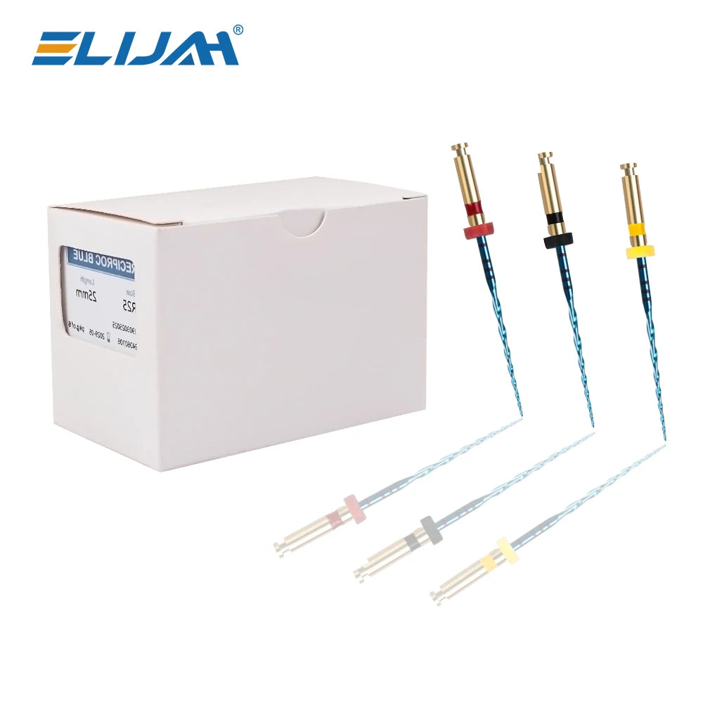 SYJH dental blue reciprocating NiTi endodontic files with color-coded stops and storage box for root canal treatment.
