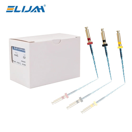 SYJH dental blue reciprocating NiTi endodontic files with color-coded stops and storage box for root canal treatment.