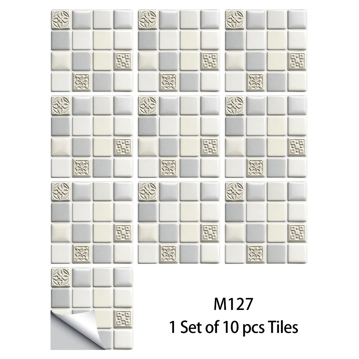 10-piece mosaic tile sticker set in white and soft gray with embossed medallion squares