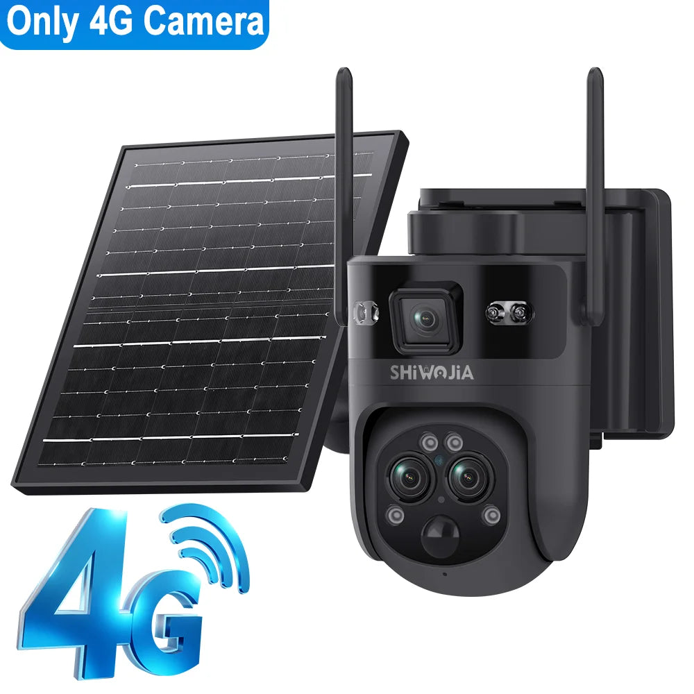 4G solar security camera with three lenses, WiFi-ready body and fold-out solar panel
