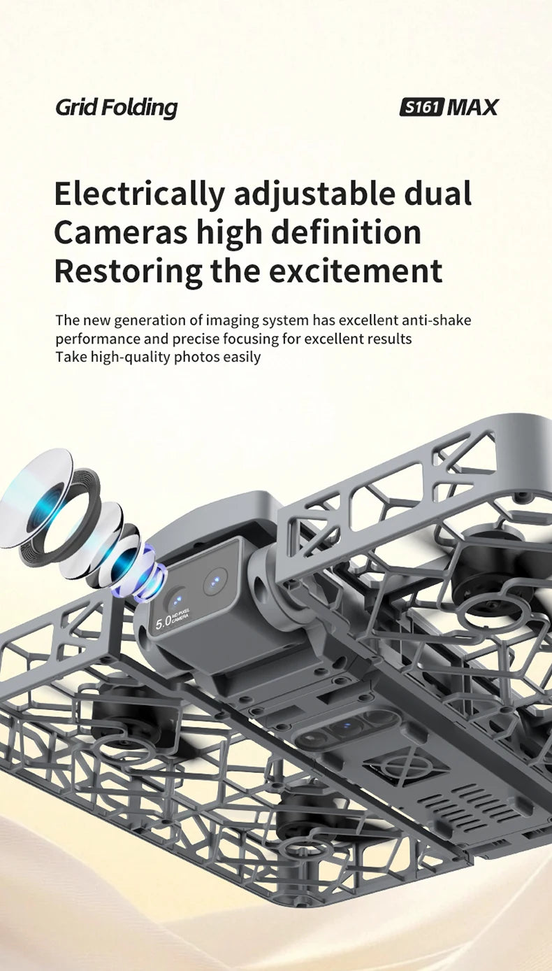 S161 MAX drone with dual adjustable cameras, grey geometric frame, and propellers for aerial photography.