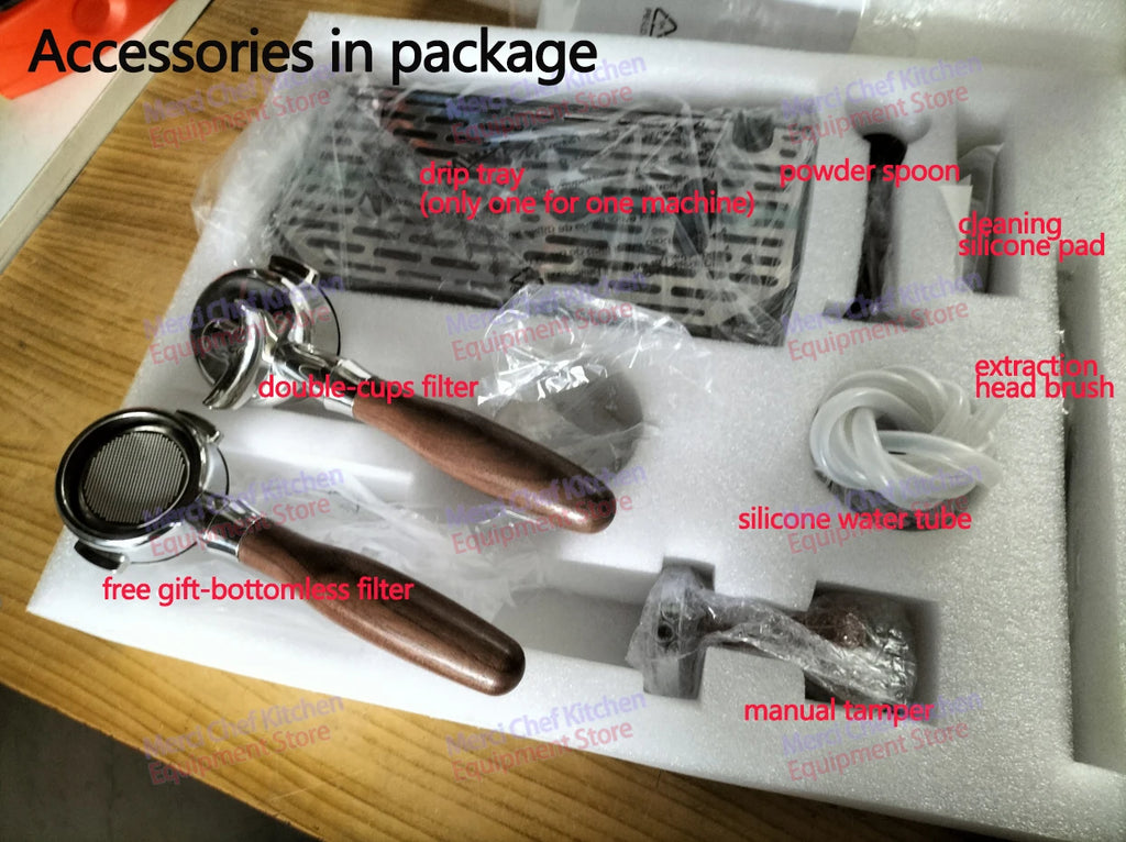 Merci Chef espresso machine accessories set featuring wood-handle portafilters, drip tray, tamper, and cleaning tools.