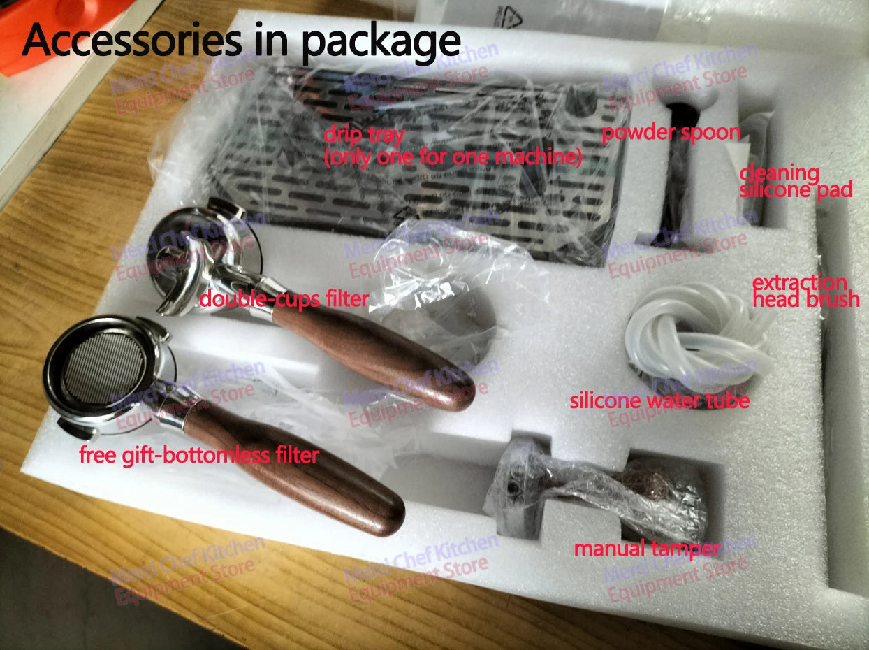 Merci Chef espresso machine accessories set featuring wood-handle portafilters, drip tray, tamper, and cleaning tools.