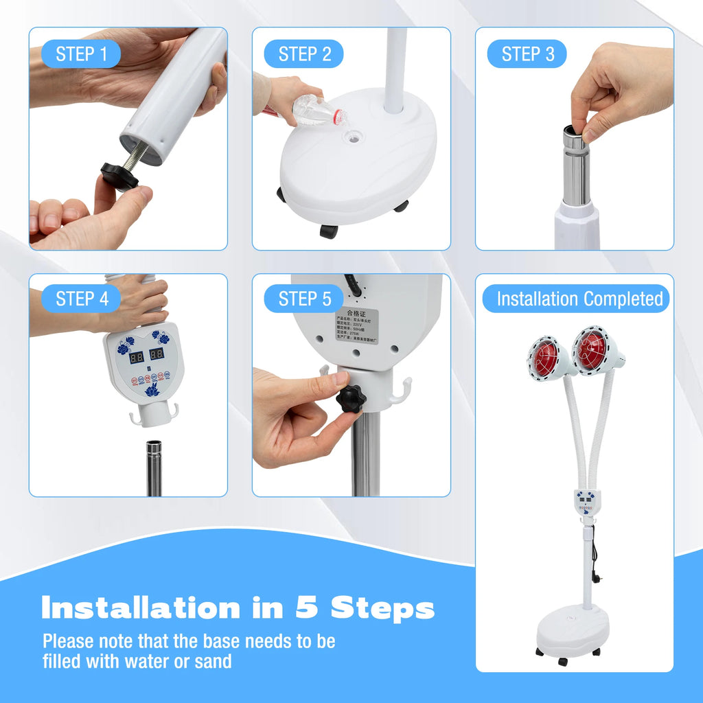 Installation guide for white 275W double-head infrared heat lamp for pain relief with adjustable temperature control.