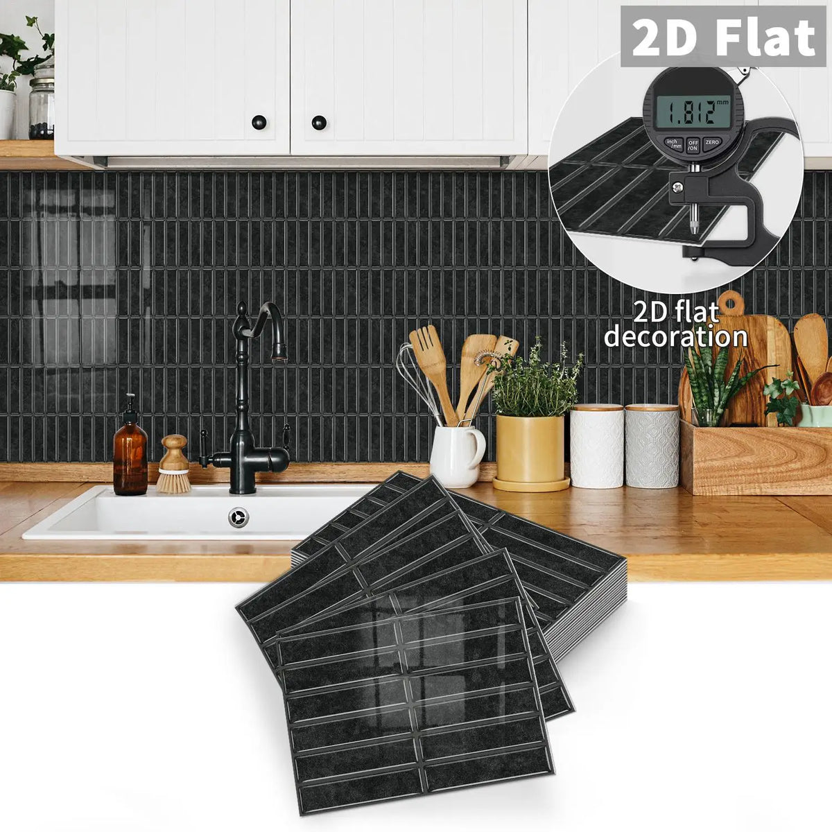 Peel-and-stick tile decals, square dark charcoal backsplash tiles set with grid lines