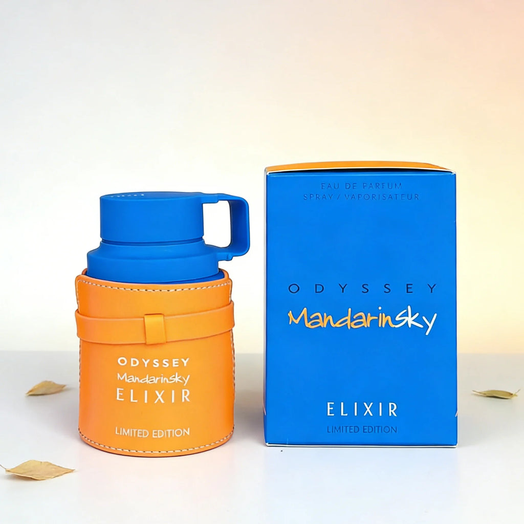 Armaf Odyssey Mandarinsky Elixir EDP: Men’s fresh citrus & spicy scent in a unique orange leather-wrapped bottle.
