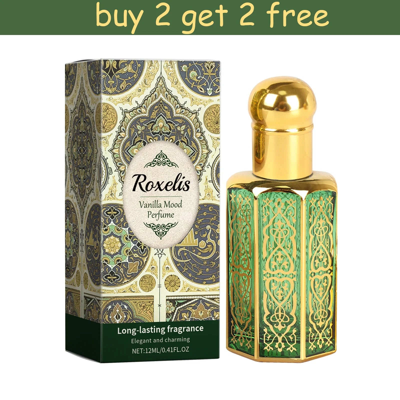 Roxelis Vanilla Mood perfume for women: elegant long-lasting Arab scent in a decorative green and gold glass bottle.