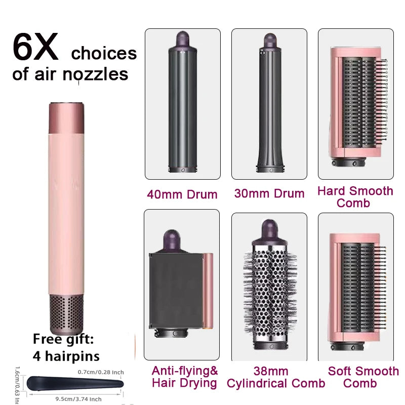 SenCiciMen 6-in-1 pink multi hair styler set with air drying nozzle, curling drums, and smoothing comb attachments.