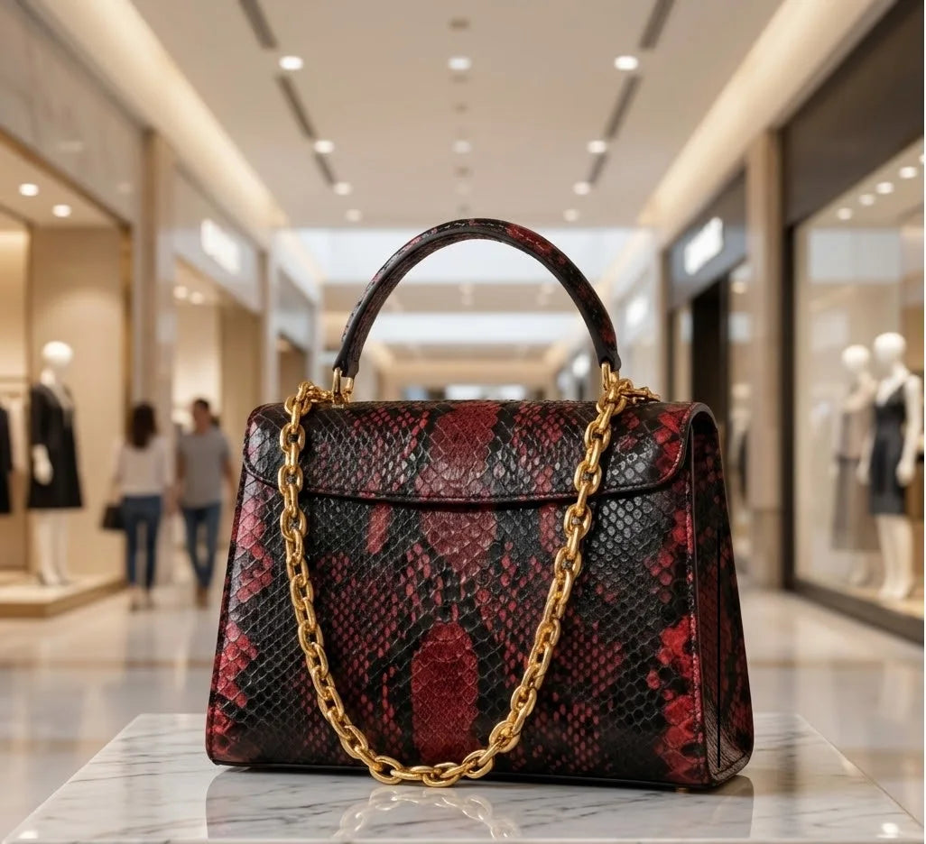 Luxury red and black python leather designer handbag with a gold chain strap and top handle on a marble display.