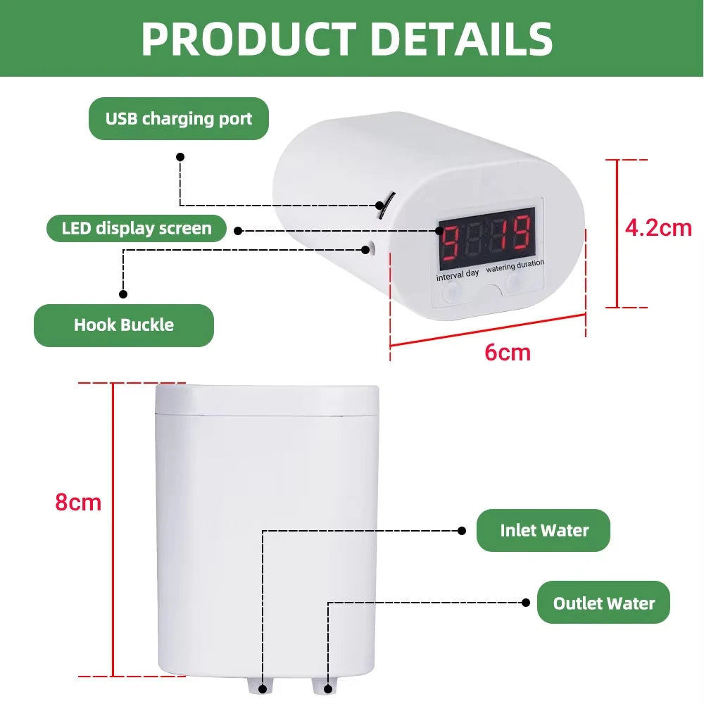 White watering timer controller with LED screen and USB charging port diagram