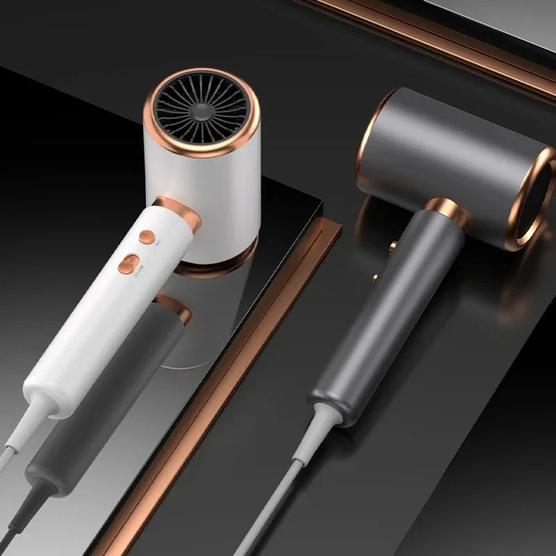 Professional 2000W ionic hair dryer in white and grey with sleek rose gold accents for fast, salon-quality drying.