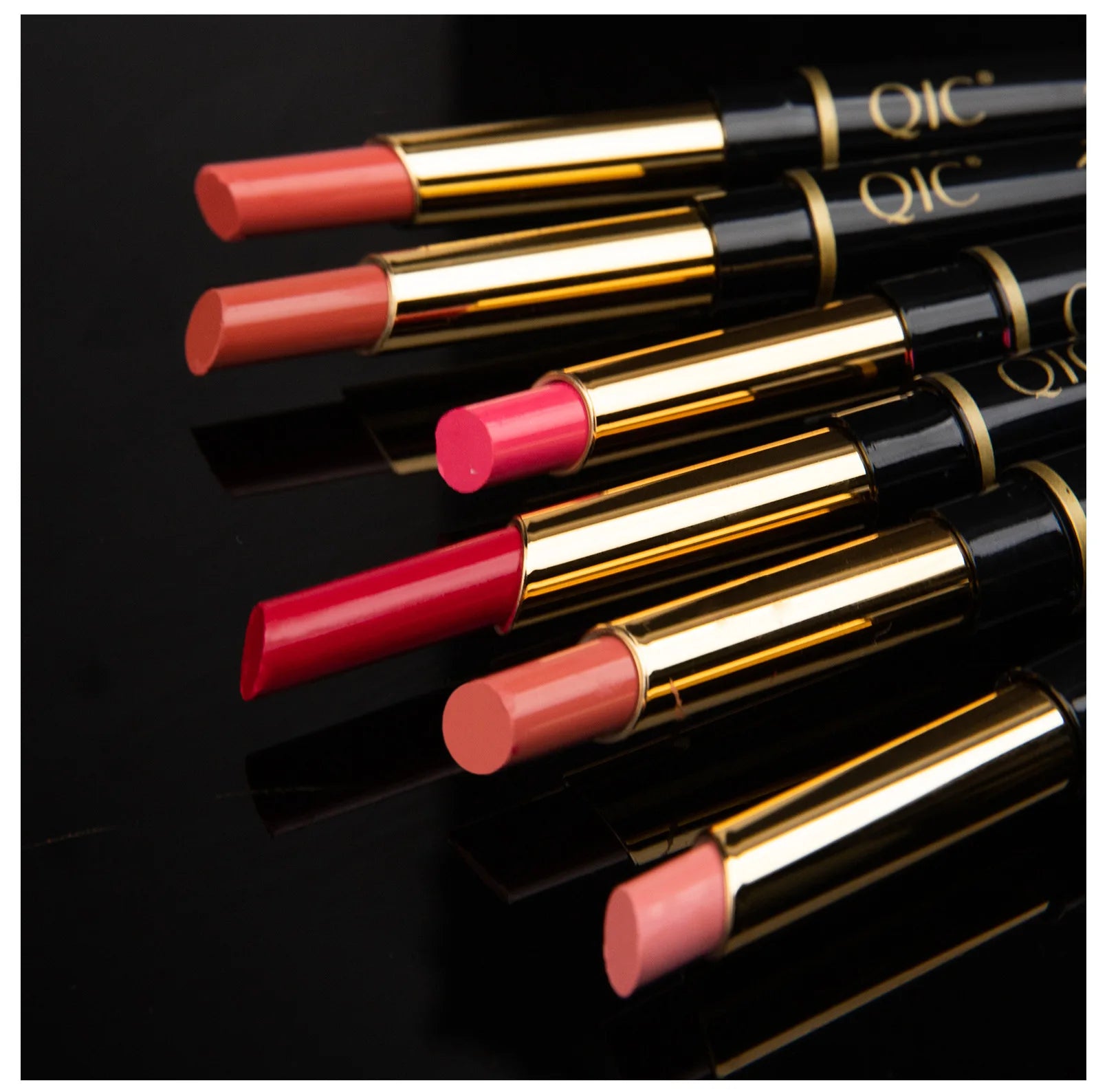 2-in-1 waterproof matte lipstick and lip liner pencils in assorted nude, pink, and red shades with gold casing.