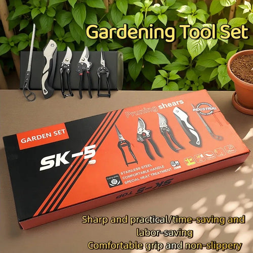 5-piece gardening pruning tool set with black handles, shears, folding saw, and case