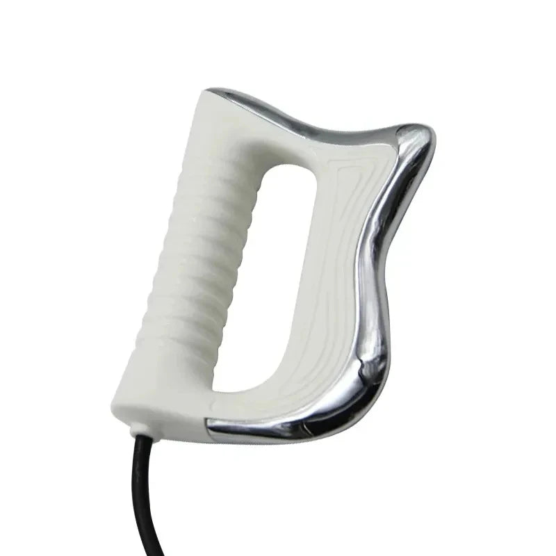 White and chrome 448KHz Tecar RF beauty device handle with ergonomic grip for professional body contouring therapy.