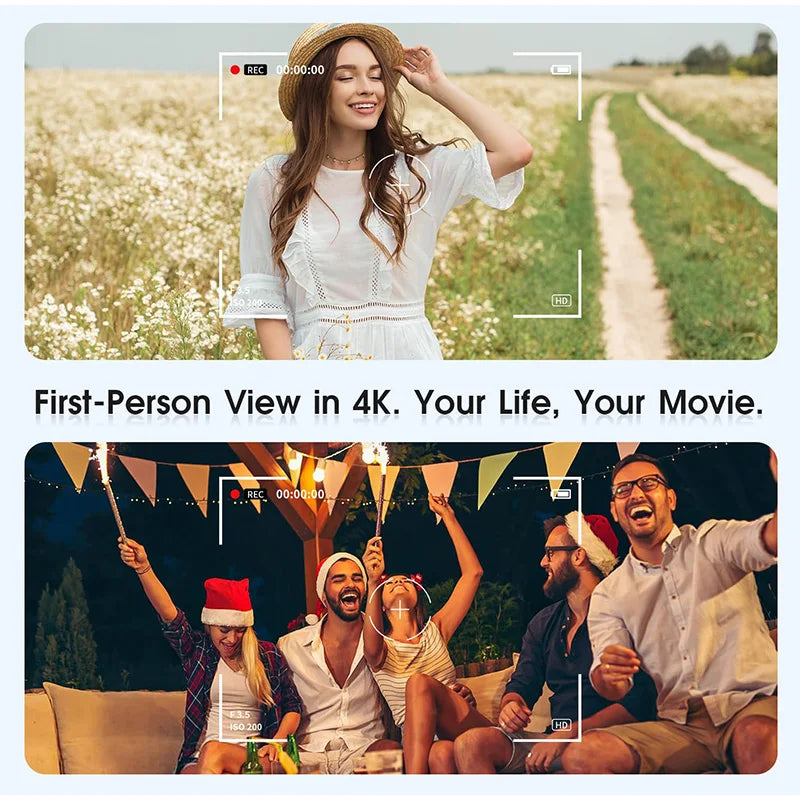4K video camera showing a first-person interface recording a woman in a field and friends at a party.