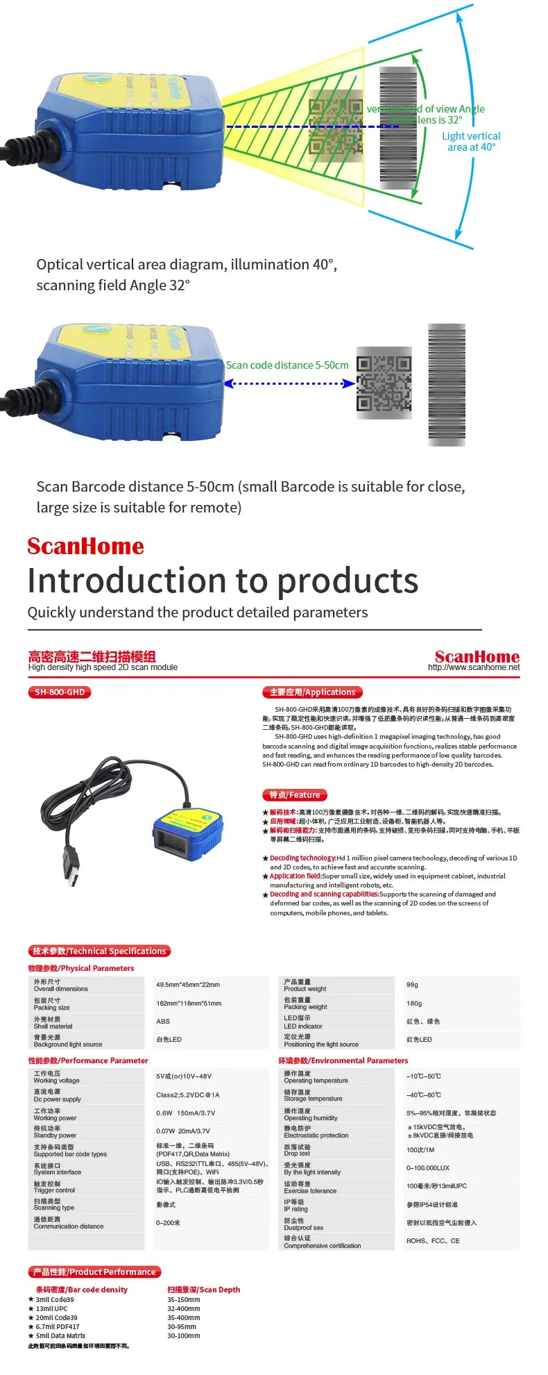Blue barcode scanner with optical scanning beam and small barcode detail
