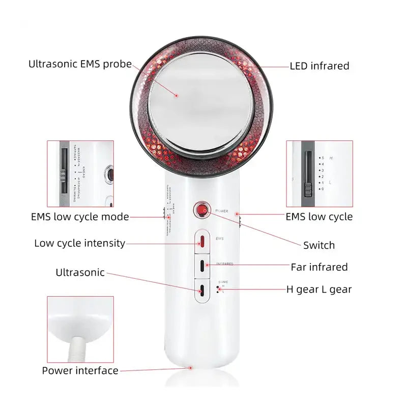 White handheld ultrasonic EMS slimming massager with a circular probe, LED infrared lights, and labeled control buttons.
