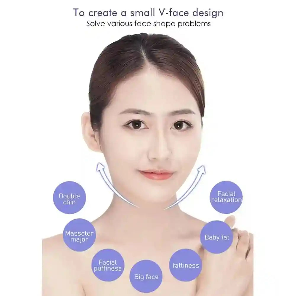 Woman with diagram showing V-line facial contouring to address concerns like double chin, puffiness, and facial fat.