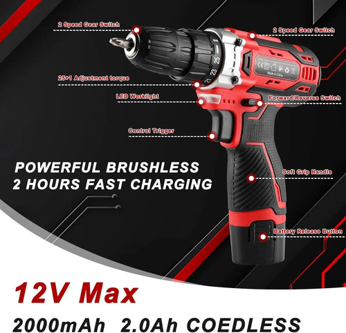 Red and black cordless drill with dual gear switch and LED work light