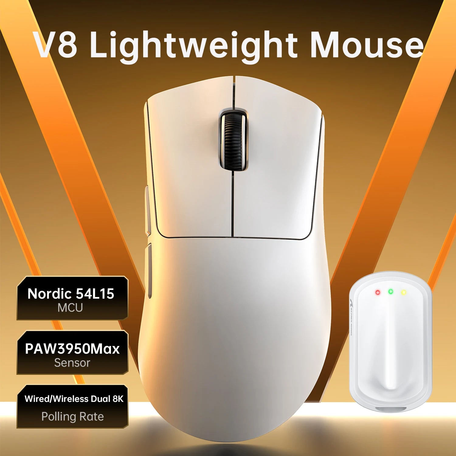 8K Receiver & V8 Wireless Mouse,Attack Shark PAW3950Max Sensor,0.168ms Key Delay and Golden Right Hand Design,Black/White Choice