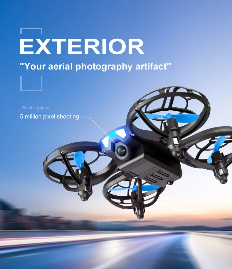 Small black quadcopter drone with blue propellers and a front-facing camera for aerial photography.