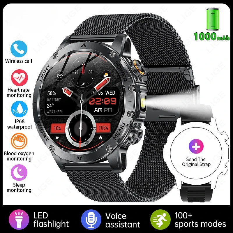 Men's silver smartwatch with mesh metal band and round digital watch face
