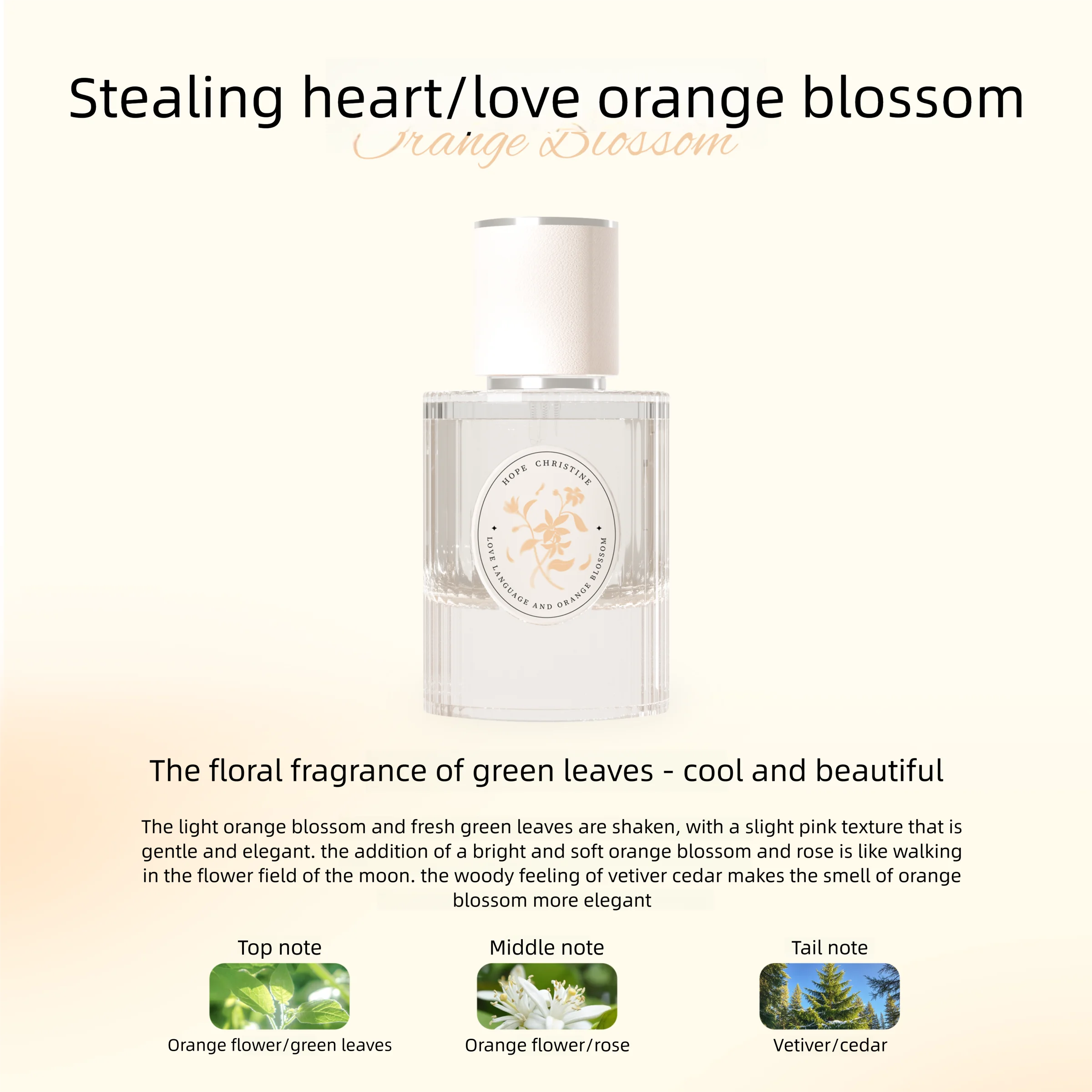 Hope Christine 50ml floral perfume for women. Orange blossom, rose, vetiver, cedar scent in a round glass bottle.