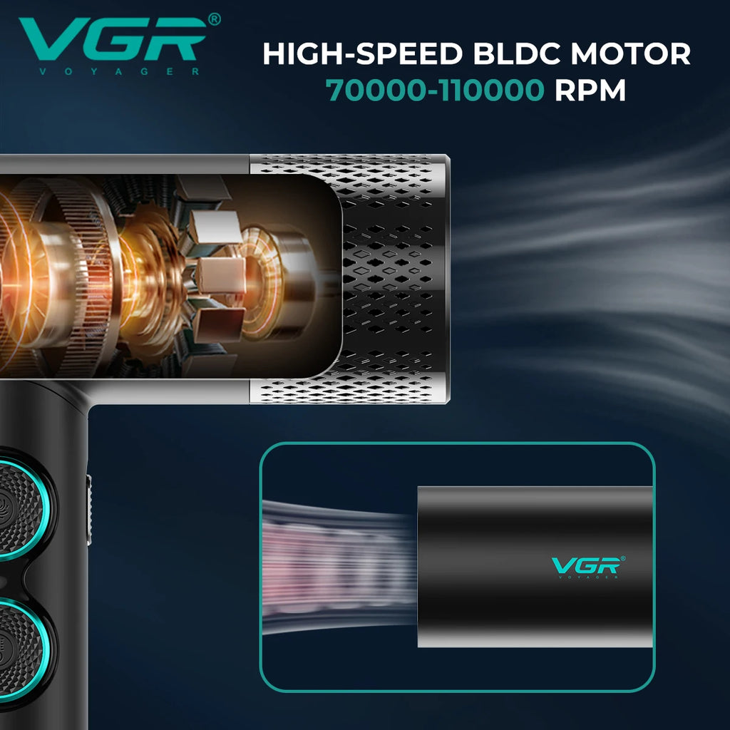 VGR V-401 professional ionic hair dryer with high-speed black brushless motor and sleek modern design features.