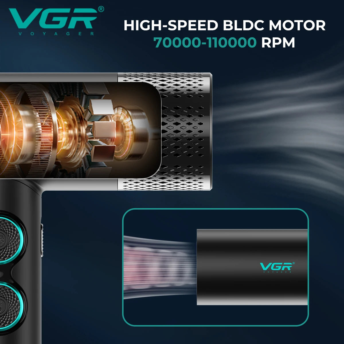 VGR V-401 professional ionic hair dryer with high-speed black brushless motor and sleek modern design features.
