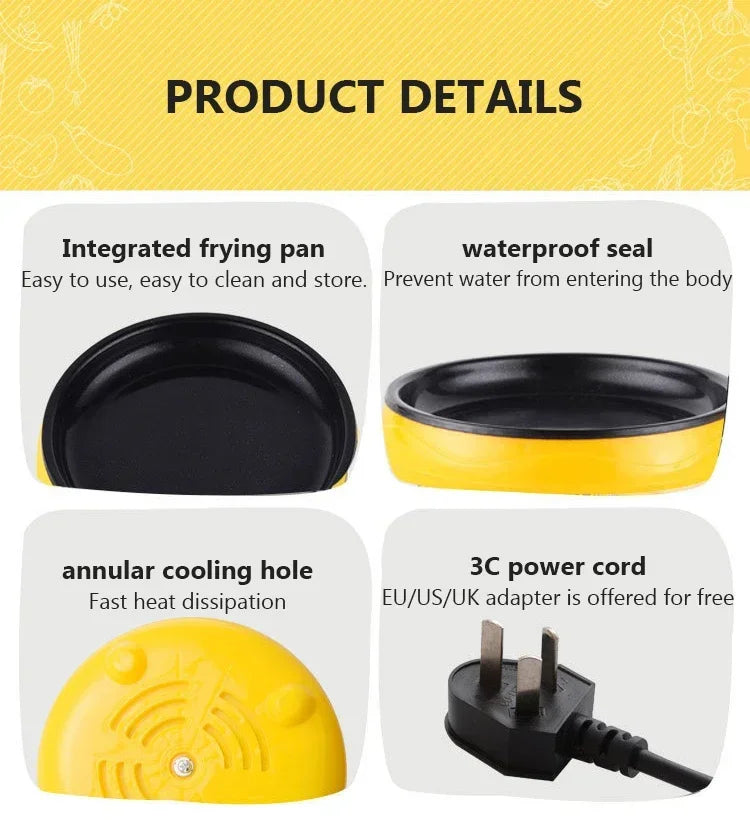 Yellow electric egg cooker product details: integrated nonstick pan, waterproof seal, power cord