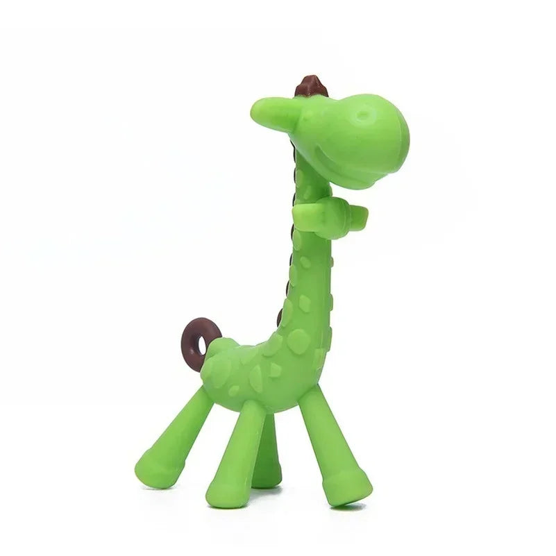 Green giraffe silicone baby teething toy for soothing relief.