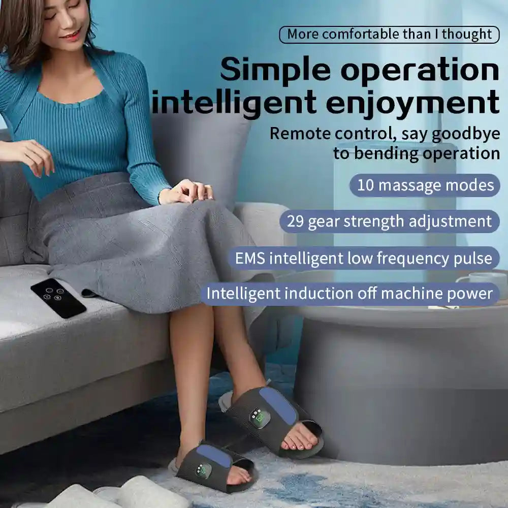 Woman using EMS electric foot massager slippers with remote control for muscle stimulation and relaxation at home.