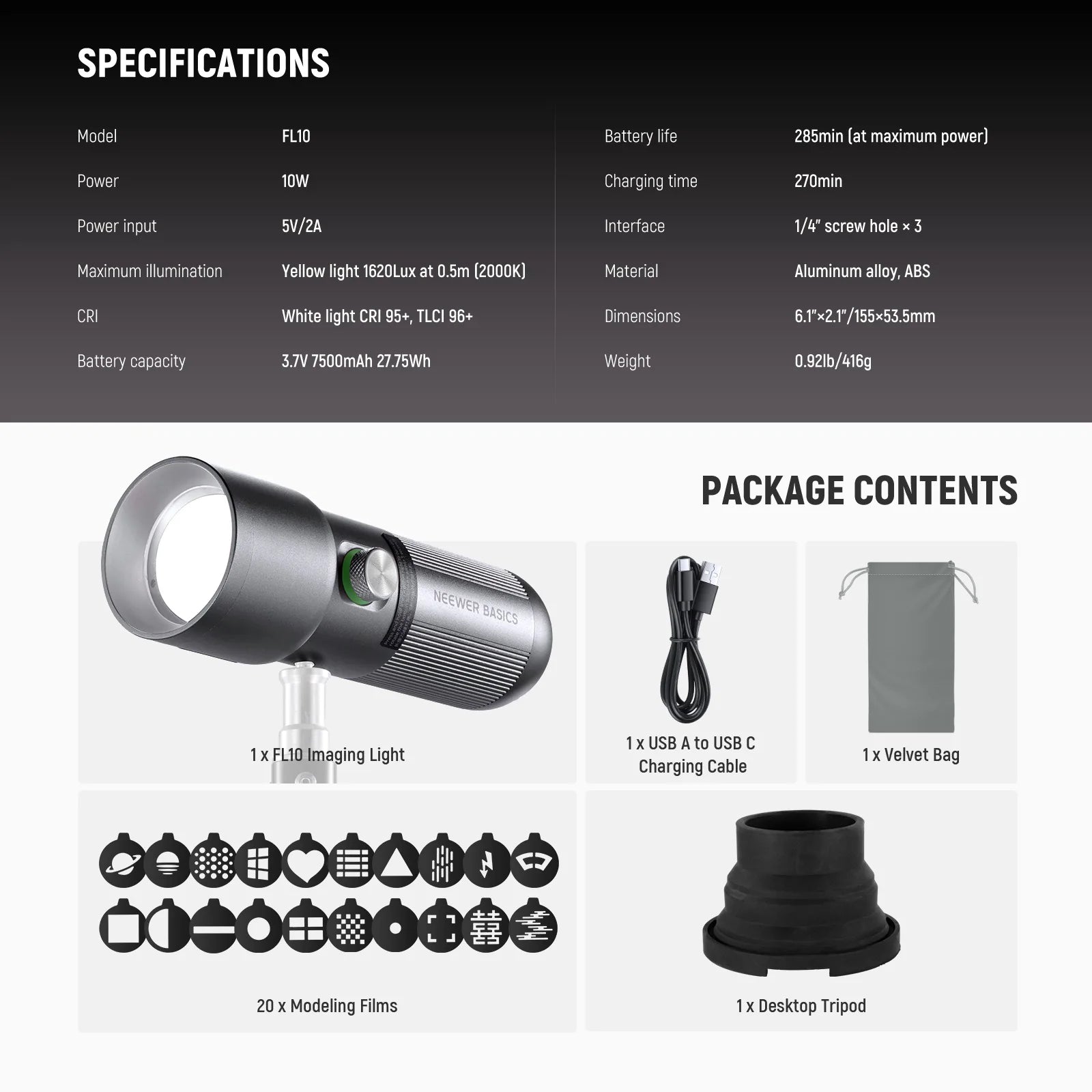 FL10 imaging light, aluminum and ABS cylinder with 20 shape-projecting modeling films, tripod, and USB-C cable.