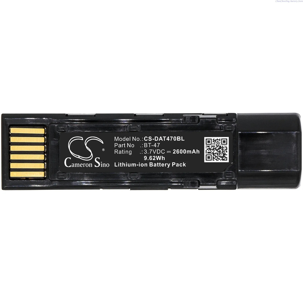Black barcode scanner battery cartridge with gold contacts and QR code label