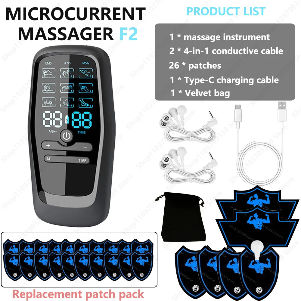 F2 microcurrent massager with digital display, conductive cables, Type-C charging cable, velvet bag, and 26 pads.