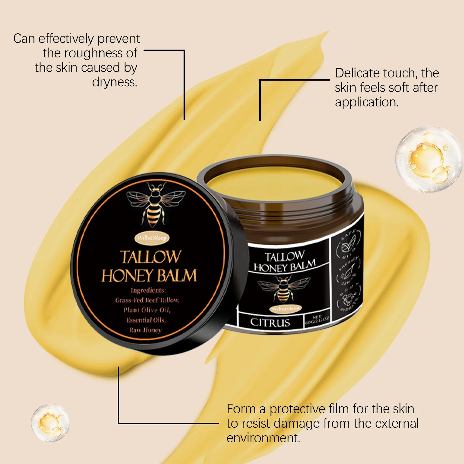 Woodsleep Tallow Honey Balm Lasting Moisturizing Facial Lifting Tighten Skin Elasticity Enhanced Olive Oil Tallow Honey Cream